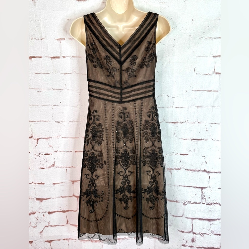 ANN TAYLOR LOFT PETITE 2P Black Embroidered Mesh Overlay Cocktail Party Dress - Picture 3 of 15